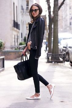 Le Fashion Blog Arielle Sunglasses Leather Jacket Striped Tee Skinny Jeans Celine Bag Aquazzura White Lace Up Flats Via Something Navy 2 Jacket Office Outfit, Jeans Trend, Office Outfit, Winter Mode, Looks Chic, Fashion Mode, Looks Style, White Shoes