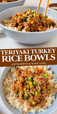 two bowls filled with rice, meat and vegetables