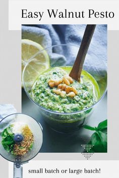 the recipe for easy walnut pesto is shown