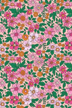 a pink and green floral wallpaper with lots of flowers on the bottom half of it