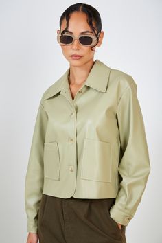 Olive green vegan leather button up jacket | Glassworks London Jacket With Collar, Leather Button Up, Boxy Jacket, Jeans Uk, Olive Green Jacket, London Free, Button Up Jacket, Buy Now Pay Later, Fall Jackets