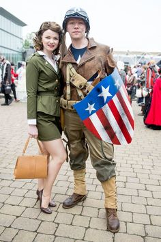 a man and woman dressed up as american soldiers