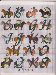 the cross stitch pattern for alphabets with horses and numbers on it, as well as letters