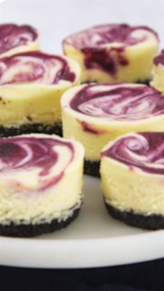 several desserts on a white plate with purple icing in the middle and black edges