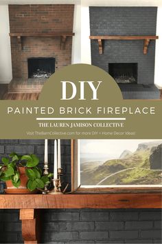 a fireplace with the words diy painted brick fireplace