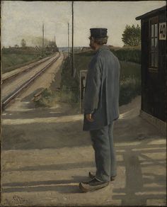 a painting of a man standing in front of a train station and looking out the window