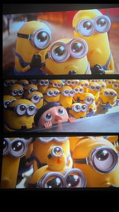 the minion movie is being shown in two different pictures, one with eyes on it