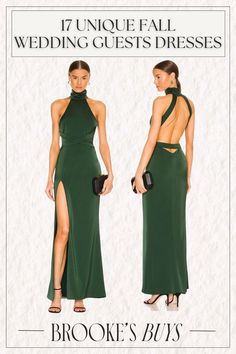 two women in green dresses with the words, 12 unique fall wedding guest dresses