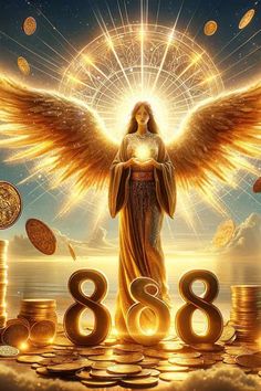 Angelic figure with glowing wings standing over illuminated number 888, surrounded by floating golden coins. 888 Angel Number, 888 Angel, Angel Number 888, Energy Positive, 0 Number, Spiritual Realm, Manifesting Vision Board