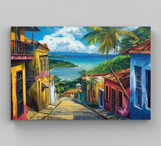 an oil painting on canvas of a street with colorful buildings and palm trees in the foreground