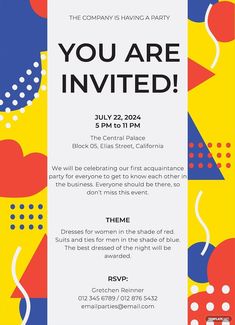 a colorful party flyer with the words you are invited on it and an abstract background