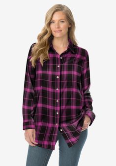 Classic Flannel Shirt| Plus Size Long Sleeve | Fullbeauty Fall Shirt With Button Closure For Daywear, Fall Daywear Shirt With Spread Collar, Spread Collar Shirt For Daywear In Fall, Fall Daywear Shirt With Button Cuffs, Fall Button-up Daywear Shirt, Fall Button-up Shirt For Daywear, Classic Shirt With Shirttail Hem For Fall, Button-up Shirt For Fall Daywear, Relaxed Fit Flannel Shirt For Fall