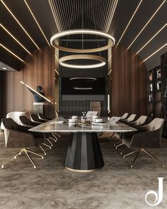 an elegant dining table surrounded by chairs in a room with wood paneling and lighting