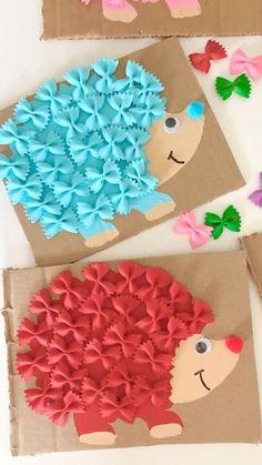 paper plate hedgehog craft for kids to make and decorate on cardboard boxes with bows