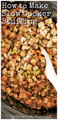 how to make slow cooker stuffing in the crock pot with text overlay