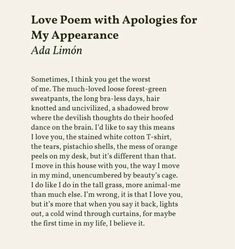 an open book with the title love poem with apologies for my appearance by alda limoon