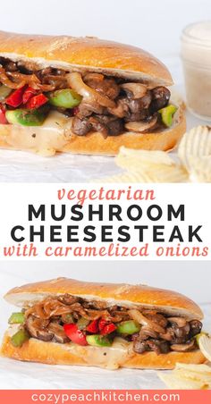 a mushroom cheesesteak sandwich with caramelized onions is shown in two different views