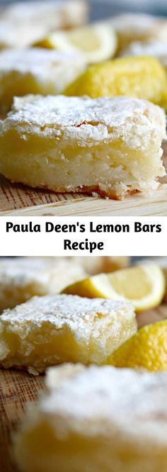 lemon bars with powdered sugar on top are sitting on a cutting board and ready to be eaten