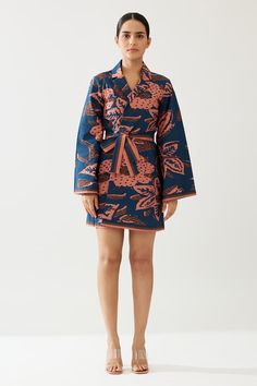 Blue kimono sleeves lapel collar wrap style jacket with all over flowery print. - Aza Fashions Blue Kimono, Collar Neck, Kimono Sleeves, Jacket For Women, Neck Wrap, Kimono Jacket, Kimono Sleeve, Jacket Pattern, Lapel Collar