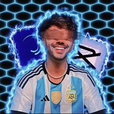 a man with a beard and mustache in front of a blue background that has an image of a soccer player on it