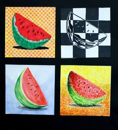 four paintings of watermelon on black paper