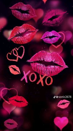 lipstick kisses with the word xoxo written on them and hearts in the background