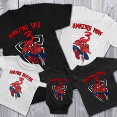 three shirts with spiderman on them and the words amazing dad, amazing little hero