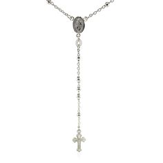 This elegant sterling silver rosary necklace features an elegantly decorated crucifix and fine, polished beads. Necklace is 26 inches long. Necklace Information Chain Type Bead Clasp Type Lobster Clasp Approximate Weight 8 gram(s) Rhodium Polish Yes Available Sizes 26 Metal 925 Sterling Silver " Elegant Sterling Silver Rosary With Cross, Elegant Sterling Silver Crucifix Rosary, Elegant Silver Crucifix Rosary, Silver Beaded Chain Rosary, Elegant Silver Rosary Bracelet With Crucifix, Silver Rosary, Rosary Necklace, Silver Jewelry Necklace, Zircon Jewelry