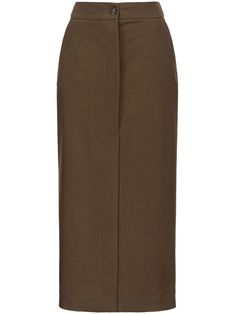 olive brown stretch-design concealed fly and button fastening rear flap pocket front slit straight hem mid-length Midi Skirt Brown, Cloth Collection, Dressy Hats, Closet Collection, Church Outfit, Corporate Wear, Chanel Perfume, City Dress, Church Outfits