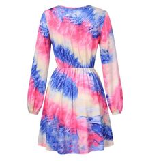 This mini dress features long puff sleeves, tie-dye print, slim elastic waist ruching, and an above-the-knee length. It has a crossover sweetheart neckline, A-line empire waist, and gentle pleats on the swing hemline. The dress can be worn alone or paired with accessories like necklaces, leggings, heels, flats, boots, and hats. Suitable for all seasons, it is versatile for casual and formal events such as parties, weddings, graduations, proms, dates, clubs, and picnics. Fitted Long Sleeve Tie Dye Dress, Spring Tie Dye Long Sleeve Dress, Casual Multicolor Dresses With Elastic Sleeves, Pink Long Sleeve Mini Dress With Elastic Sleeves, Casual Fitted Tie Dye Mini Dress, Casual Mini Dress With Elastic Sleeves, Long Sleeve Tie Dye Summer Dress, Summer Tie Dye Long Sleeve Dresses, Tie Dye Long Sleeve Summer Dress