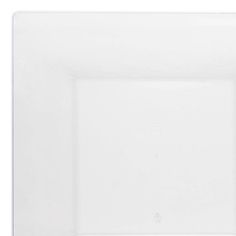 a square white plate with blue trim on the edges and bottom, set against a white background