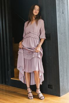 Willa Sleeved Ruffle Dress in Lavender Lavender Dress, Lavender Dresses, Light Lavender, Quilted Puffer Jacket, Date Nights, Dress Inspo, Feel Beautiful, Waist Length, Sweater Coats