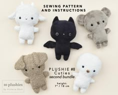 four stuffed animals are shown in different colors and sizes, with the text sewing pattern and instructions