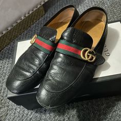 Very Loved But Still In Good Condition Gucci Designer Slip-on Leather Shoes, Designer Gucci Slip-on Leather Shoes, Gucci Black Designer Leather Shoes, Designer Black Leather Gucci Shoes, Gucci Black Loafers With Branded Insole, Gucci Black Loafers With Leather Lining, Gucci Black Leather Slip-on Shoes, Gucci Black Dress Shoes With Branded Insole, Gucci Designer Slip-on Dress Shoes