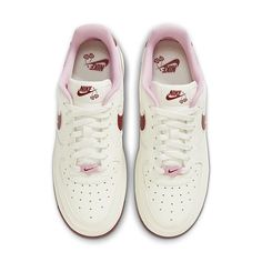 In celebration of Cupid's season, Nike reveals its all-new Air Force 1 “Valentine’s Day. The Nike Wmns Air Force Valentine's heart shaped cherries hanging over the Swoosh and heart cutouts fitted on the heel tabs. The Swoosh logo is featured in deep red with pink outline embroidery. Additional heart motifs dot the "Air" lettering on the midsoles. FD4616-161 New Air Force 1, Yeezy Boots, Jordan 11 Retro Low, Nike Models, Womens Air Jordans, Dunks Nike, Jordan 11 Retro, Nike Air Force 1 Low, Air Force 1 Low