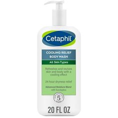 CETAPHIL Cooling Relief Body Wash is designed to refresh and revive all skin types, with soothing eucalyptus for a cooling effect. This creamy body wash transforms into a rich lather to gently remove impurities and help maintain skin's moisture barrier and pH levels. Formulated with an Advanced Moisture Blend made up of glycerin, shea butter and soybean oil, this unique body cleanser provides 24 hour relief from dryness. Dermatologist tested and specifically formulated for sensitive skin, CETAPHIL Cooling Relief Body Wash is hypoallergenic, fragrance, paraben and sulfate free, and defends against 5 signs of skin sensitivity - dryness, irritation, roughness, tightness and a weakened skin barrier. Size: 2.4"L x 3.25"W x 8.92"H. Best Body Wash, Ph Levels, Soybean Oil, Dermatologist Recommended, Body Cleanser, Skin Barrier, Sulfate Free, Salicylic Acid, All Skin Types