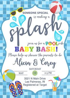 a baby shower is shown with the words splash and beach items in blue, green, white