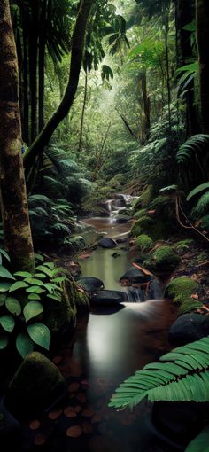 a stream running through a lush green forest filled with lots of trees and plants,