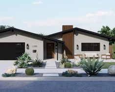 a rendering of a house with cactus and cacti in the front lawn area