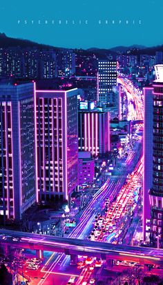 an aerial view of a city at night with neon lights on the buildings and traffic