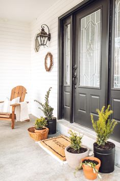 three potted plants are sitting on the front porch next to a bench and door