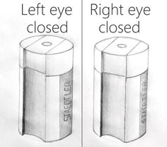 two pencil drawings of closed and right eye glasses with the words left eye, right eye closed