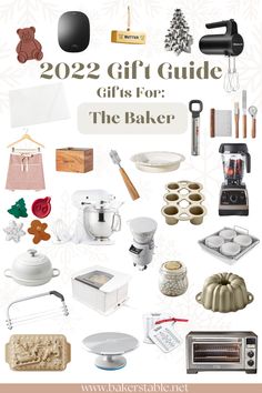 the baker's christmas gift guide is shown in white and has lots of baking supplies