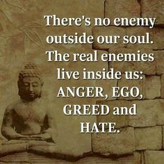 there's no enemy outside our soul the real enemes live inside us anger, eco greed and hate