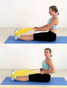 a woman sitting on a yoga mat holding two yellow straps in one hand and the other