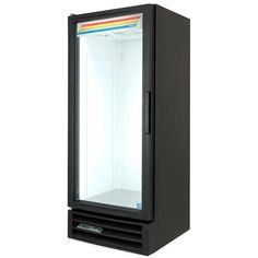 an empty black refrigerator with the door open