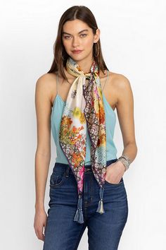 Crafted from 100% silk, the Delite Silk Scarf is a dazzling accessory for any look. Featuring brilliant blooms in hues of pink and turquoise accents with yellow and gold, this scarf is the perfect way to elevate a casual look. Tie at the neck paired with relaxed denim and a classic button down for a polished weekend vibe. Johnny Was Women's Delite Yellow Scarf, 100% Silk/Gold/Denim Casual Multicolor Silk Scarf, Casual Pink Silk Scarf For Summer, Multicolor Silk Scarf For Spring Beach, Trendy Summer Silk Scarf With Floral Print, Trendy Multicolor Silk Scarf With Floral Print, Trendy Multicolor Floral Print Silk Scarf, Trendy Multicolor Floral Silk Scarf, Casual Silk Scarf For Beach In Spring, Elegant Yellow Silk Scarf For Spring