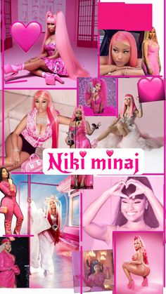 a collage of barbie dolls with pink hair and makeup, including the words niki mina