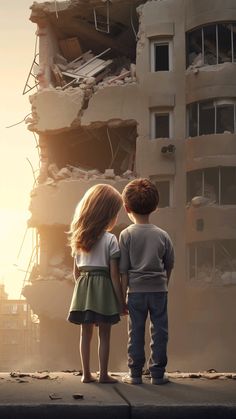 two children standing in front of a building that has been torn down with the sun shining through