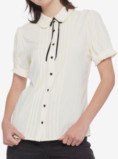 Antique White Ruffle Bow Girls Woven Button-Up | Hot Topic Dark Academia Essentials, Heart Button, Woven Top, Antique White, Girl Top, Button Up Shirt, Hot Topic, Green Tea, Cool Shirts